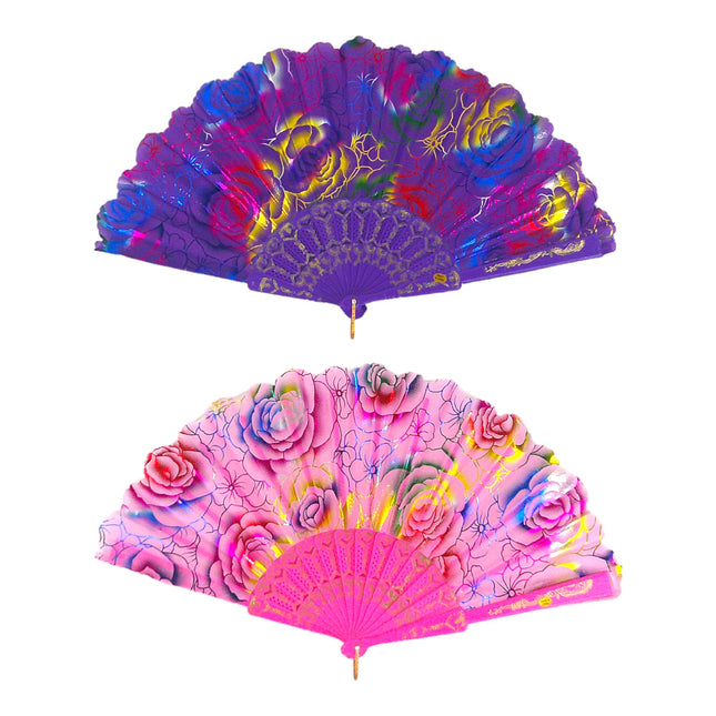 RAINBOW ROSE FOLDING HAND FAN 0384 (12PC)