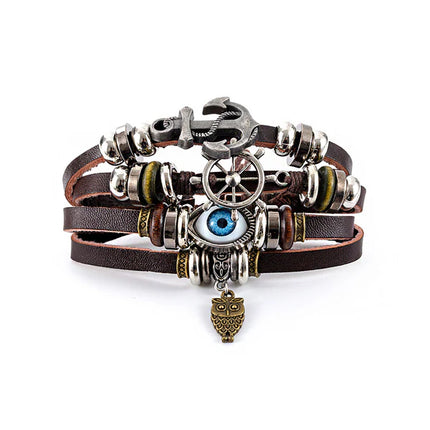 EVIL EYE N ANCHOR 4 ROW BOHO LEATHER BRACELET BR2826-24 (12PC)