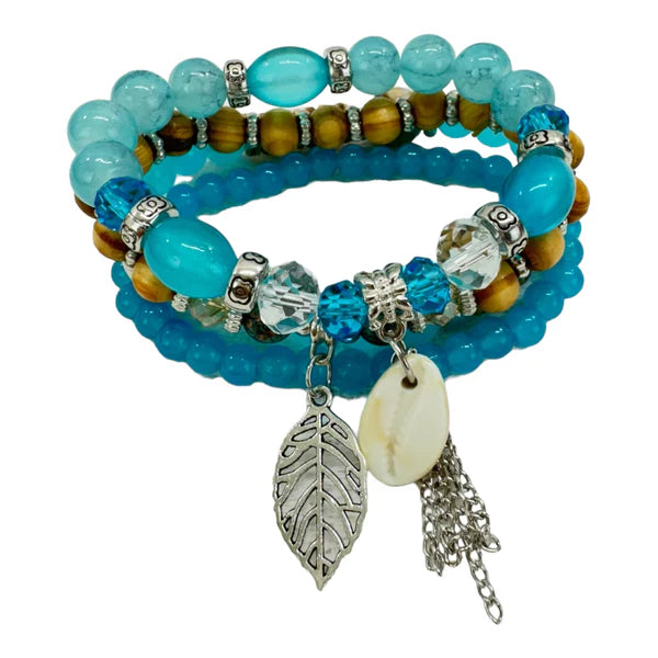 NATURAL STONE LEAF SHELL CHARM BRACELET SET BR4228-4 (12PC)