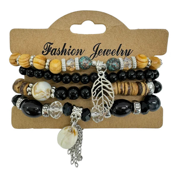 NATURAL STONE LEAF SHELL CHARM BRACELET SET BR4228-4 (12PC)