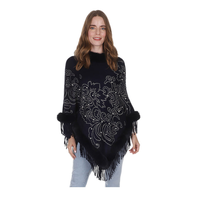 LEAF PATTERN PEARL DECO FUR FRINGED PONCHO PO513-27 (6PC)