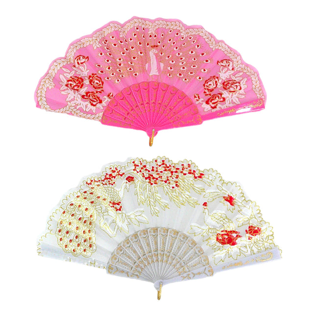 GLITTER PEACOCK FOLDING HAND FAN 9501 (12PC)