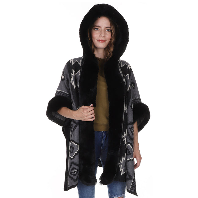 FAUX FUR PATTERN HOODIE SHAWL P3803 (3PC)