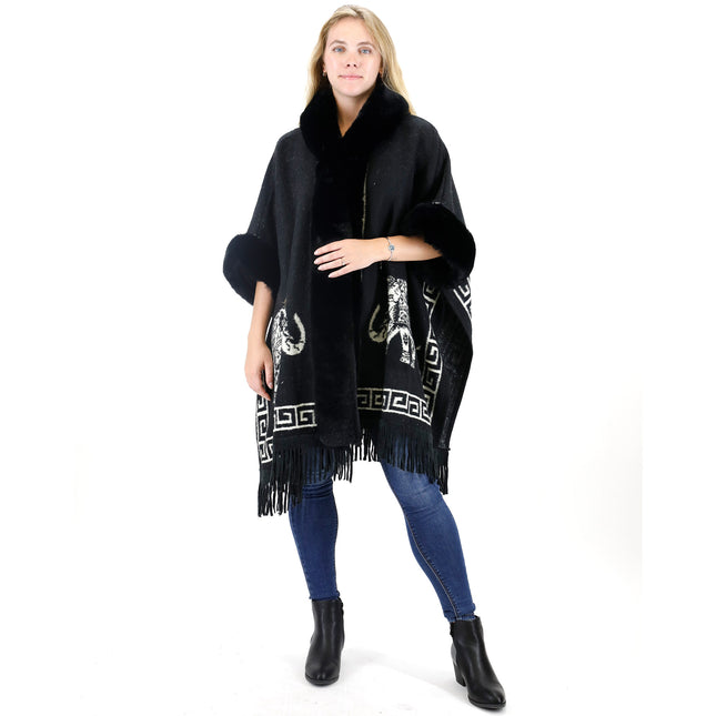 ELEPHANT PATTERN FAUX FUR FRINGED HODIE SHAWL P3825 (6PC)