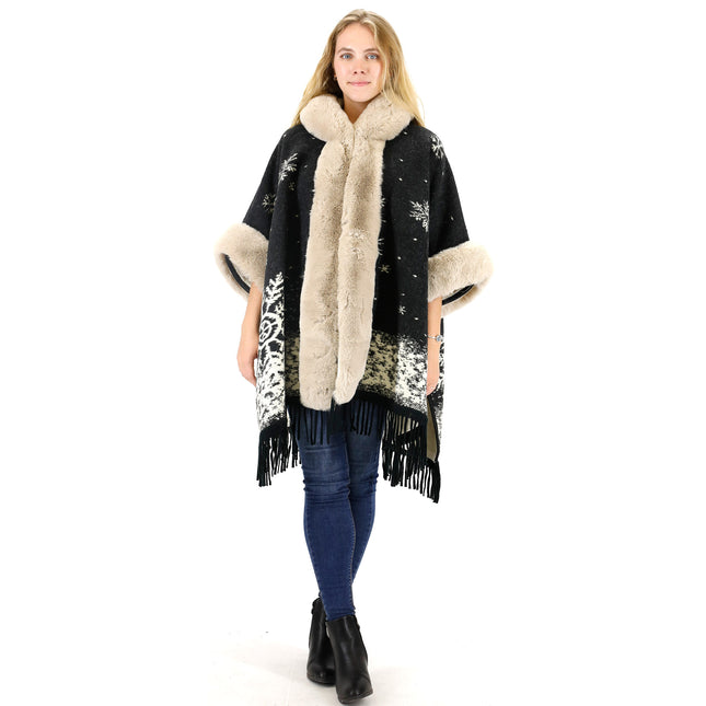 FAUX FUR SNOW PATTERN HOODIE SHAWL P3804 (6PC)