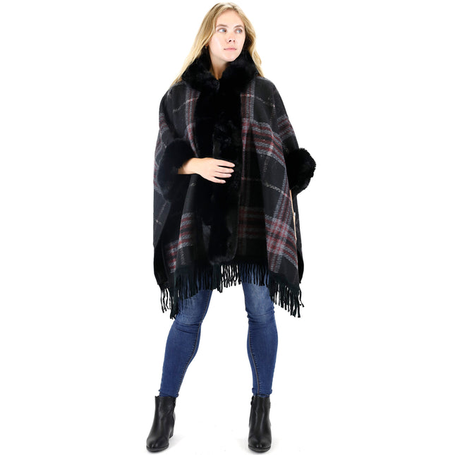 FAUX FUR PLAID PATTERN HOODIE SHAWL P3805(6PC)