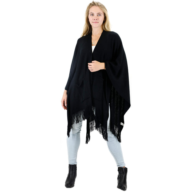 VINTAGE STYLED KNIT FRINGED POCKET SHAWL PO416-20 (1PC)