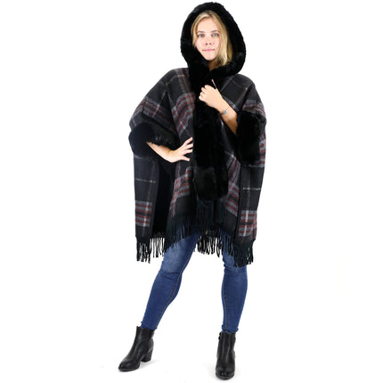 FAUX FUR PLAID PATTERN HOODIE SHAWL P3805(6PC)