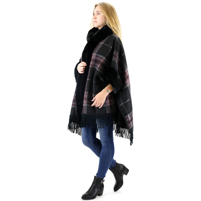 FAUX FUR PLAID PATTERN HOODIE SHAWL P3805(6PC)