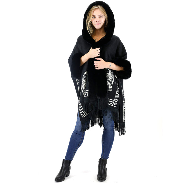 ELEPHANT PATTERN FAUX FUR FRINGED HODIE SHAWL P3825 (6PC)