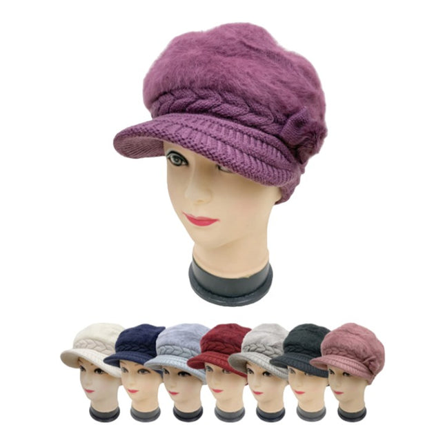 WOMEN'S FUR VISOR RIBBON KNITTED HAT H15-6 (12PC)