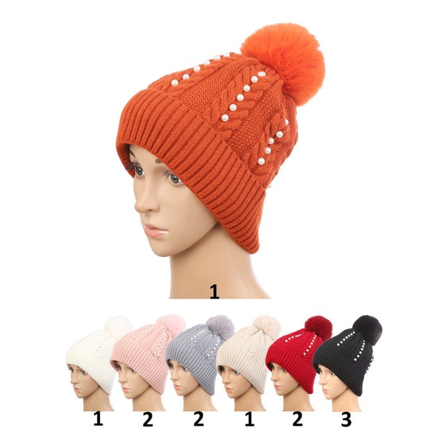 POM POM PEARL KNITTED BEANIE H20-14 (12PC)