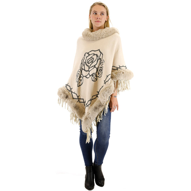 ROSE PATTERN FUR FRINGED PONCHO P196 (12PC)