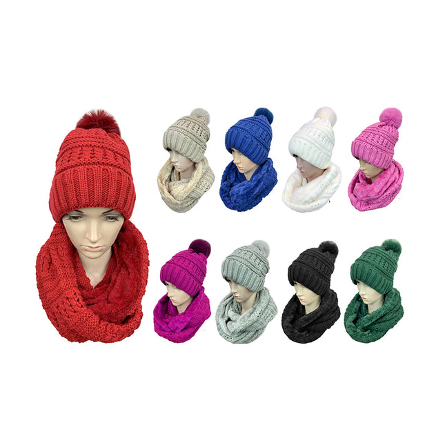 POM POM KNITTED BEANIE AND SCARF SET CP2544 (12SET)