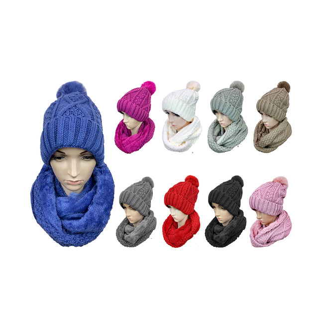 POM POM KNITTED BEANIE AND SCARF SET CP2545 (12SET)