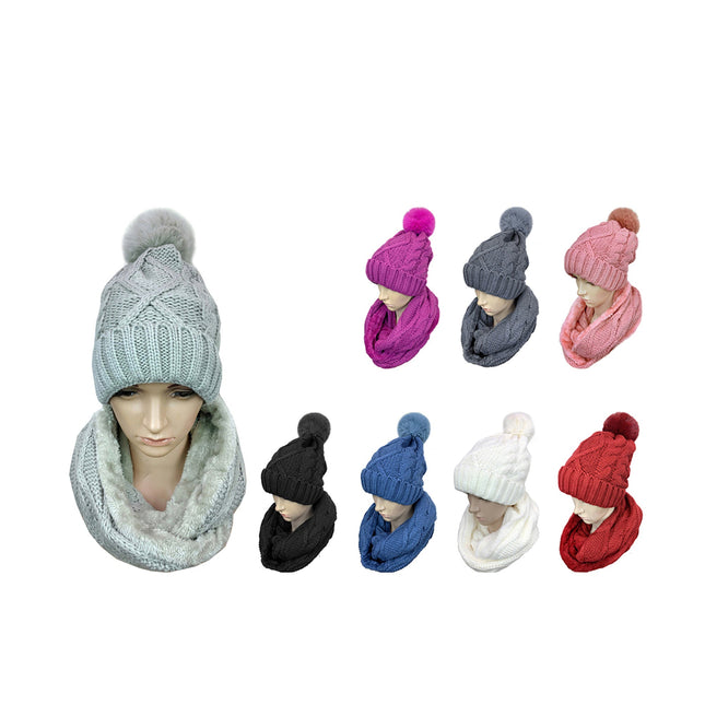 POM POM KNITTED BEANIE AND SCARF SET CP3348 (12SET)