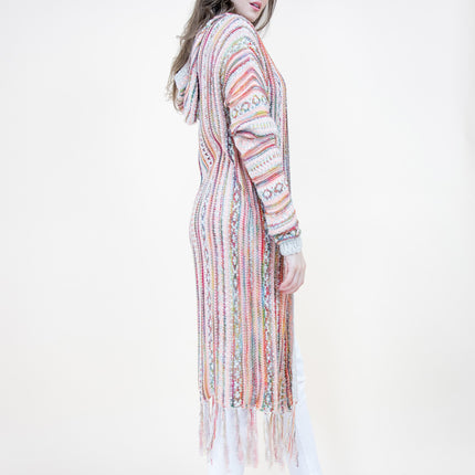 TRIBAL STRIPE PATTERN HOODIE FRINGED LONG CARDIGAN FP64088 (6PC)