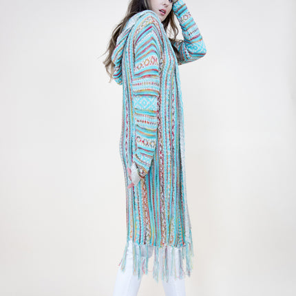 TRIBAL STRIPE PATTERN HOODIE FRINGED LONG CARDIGAN FP64088 (6PC)