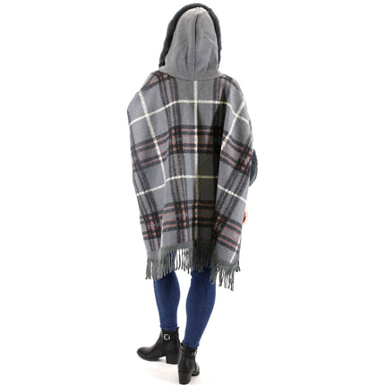 FAUX FUR PLAID PATTERN HOODIE SHAWL P3805(6PC)