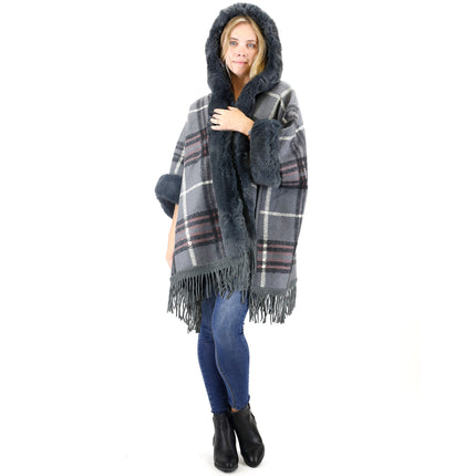 FAUX FUR PLAID PATTERN HOODIE SHAWL P3805(6PC)