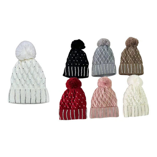 POM POM KNITTED BEANIE WITH RHINSTONE HA4727-8(12PC)