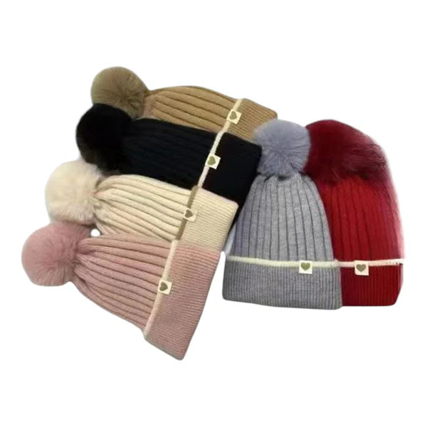 POM POM KNITTED BEANIE WITH SMALL HEART JH4729-22 (12PC)