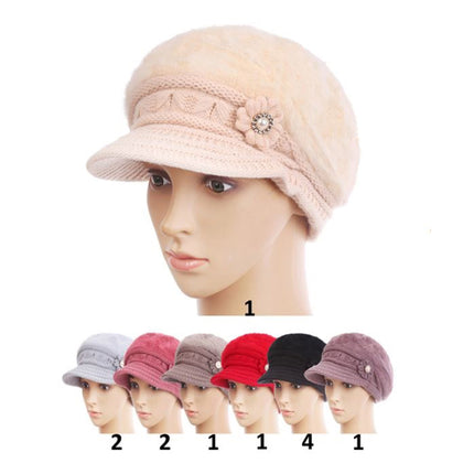 WOMEN'S FUR VISOR PEARL DECOR KNITTED HAT H15-27 (12PC)