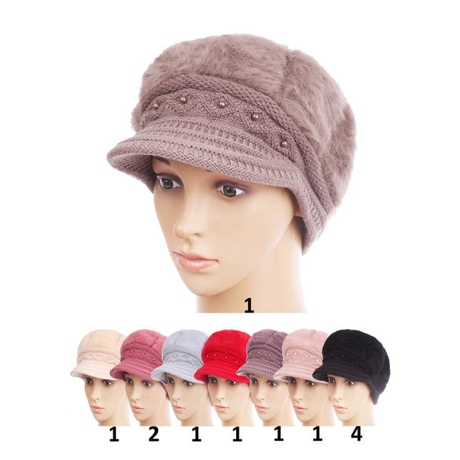 WOMEN'S FUR VISOR PEARL DECOR KNITTED HAT H15-29 (12PC)