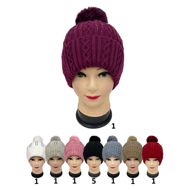 POM POM RHINESTONE DECOR BEANIE H20-42 (12PC)