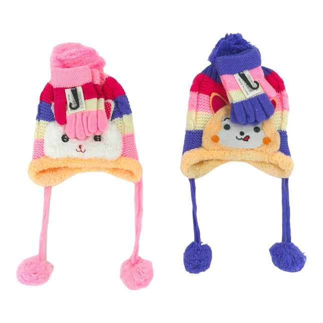 KIDS POM POM ANIMAL CARTOON BEANIE GLOVE SET H201-2 (12PC)