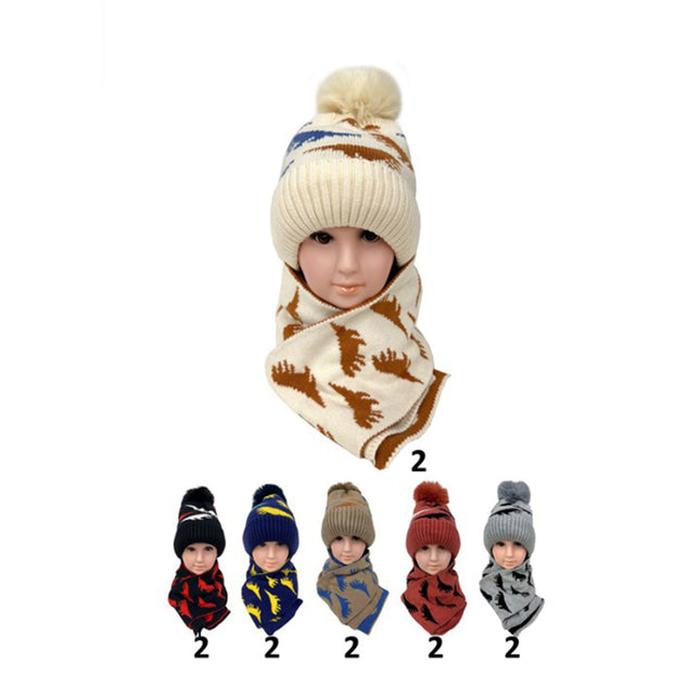 KIDS POM POM DINOSAUR KNITTED BEANIE SCARF SET H201-9 (12SET)