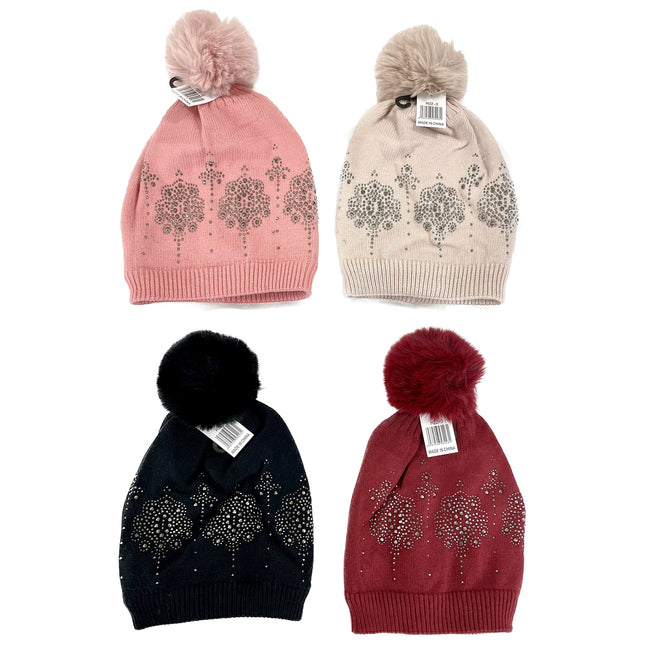 POM POM RHINESTONE DECOR BEANIE H22-3 (12PC)