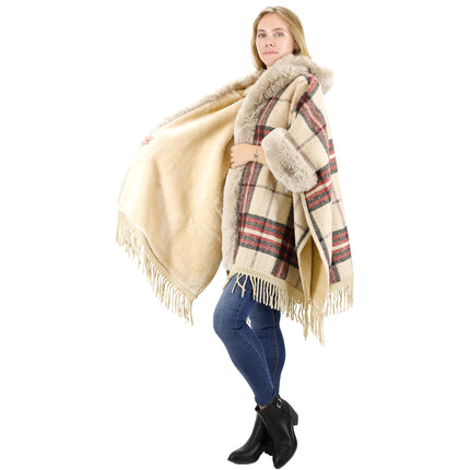 FAUX FUR PLAID PATTERN HOODIE SHAWL P3805(6PC)