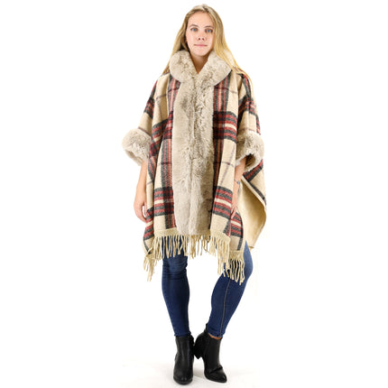 FAUX FUR PLAID PATTERN HOODIE SHAWL P3805(6PC)