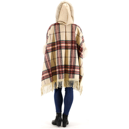 FAUX FUR PLAID PATTERN HOODIE SHAWL P3805(6PC)