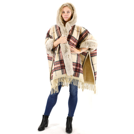 FAUX FUR PLAID PATTERN HOODIE SHAWL P3805(6PC)