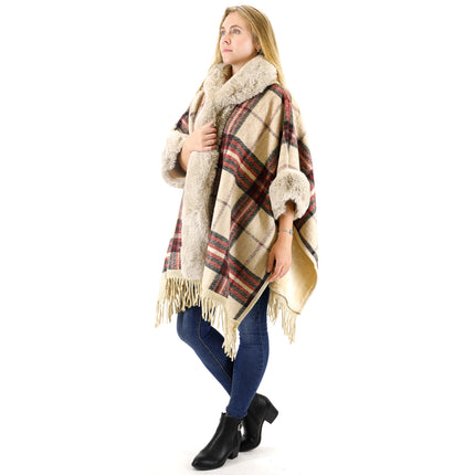 FAUX FUR PLAID PATTERN HOODIE SHAWL P3805(6PC)