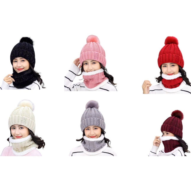 POM POM KNITTED BEANIE WITH NECK WARMER JH4730-4(12SET)