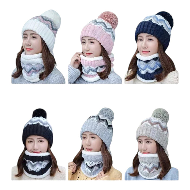 POM POM KNITTED BEANIE WITH NECK WARMER JH4730-5(12SET)