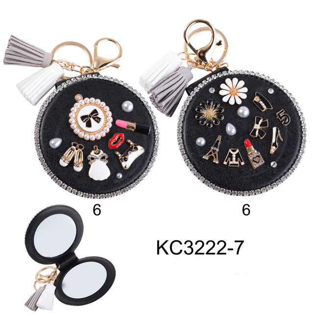 RHINESTONE MAKEUP CHARM TASSLE MIRROR KEY CHAIN KC3222-7 (12PC)