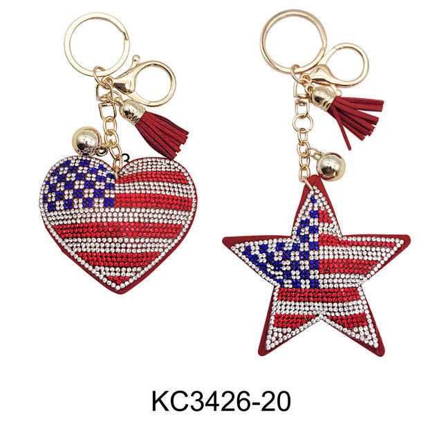 RHINESTONE AMERICA FLAG HEART N STAR KEY CHAIN KC3426-20 (12PC)