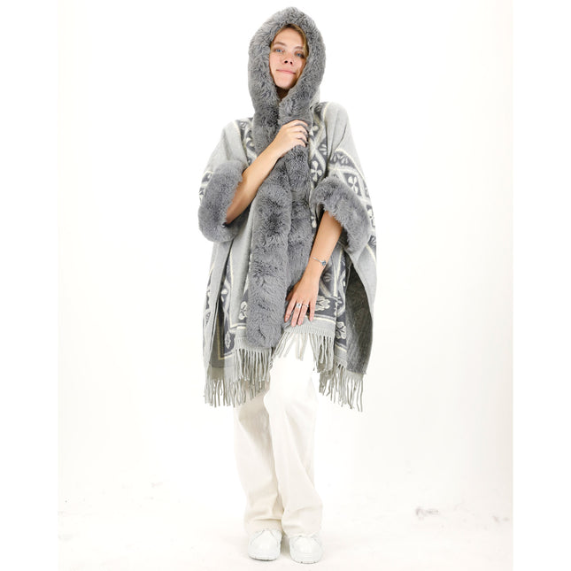 PATTERN FAUX FUR FRINGED HODIE SHAWL P4033 (6PC)