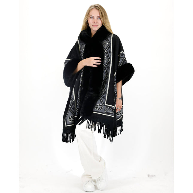 PATTERN FAUX FUR FRINGED HODIE SHAWL P4033 (6PC)