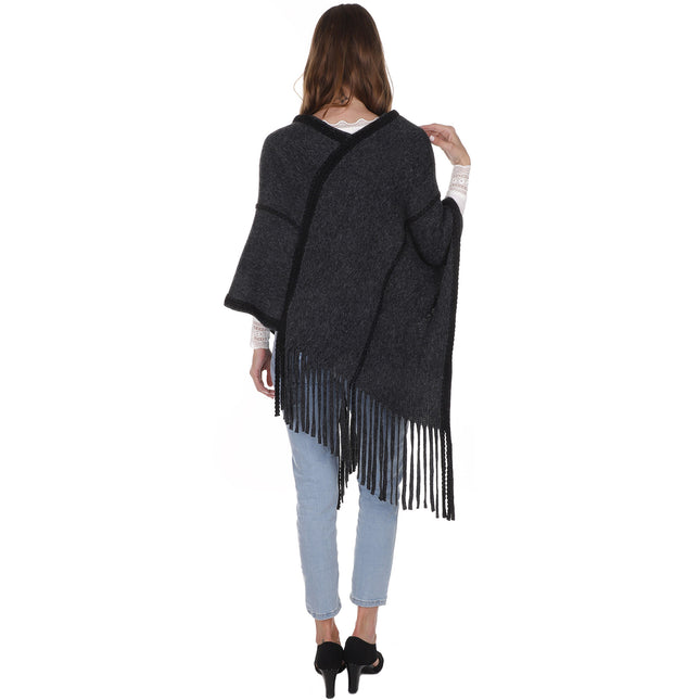 SIMPLE KNIT FRINGED PONCHO PC216 (3PC)