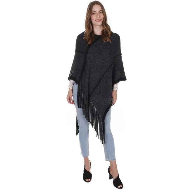 SIMPLE KNIT FRINGED PONCHO PC216 (3PC)