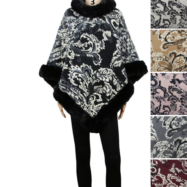 PAISLEY PATTERN FUR FRINGED PONCHO P197 (12PC)