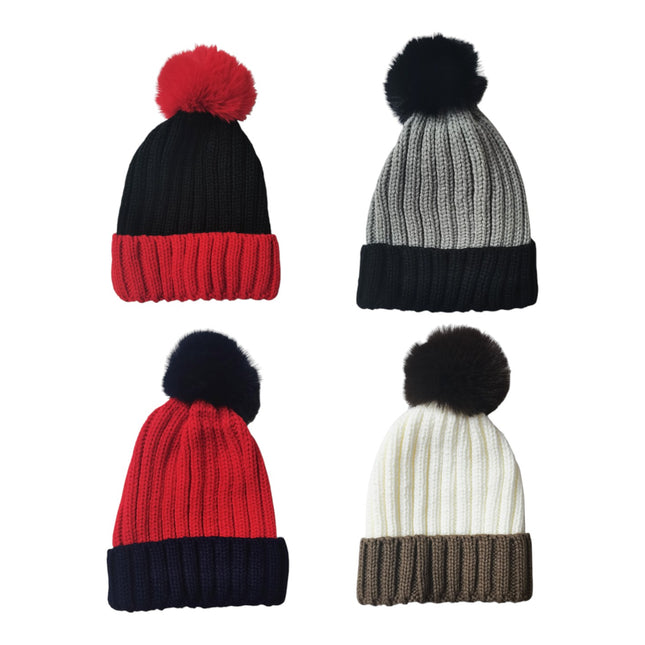 POM POM TWO TONE COLOR KNITTED BEANIE SS4725-45 (12PC)