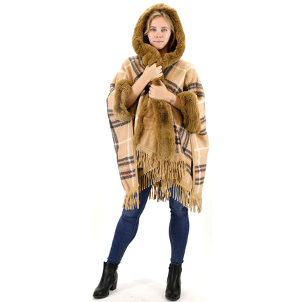 FAUX FUR PLAID PATTERN HOODIE SHAWL P3805(6PC)