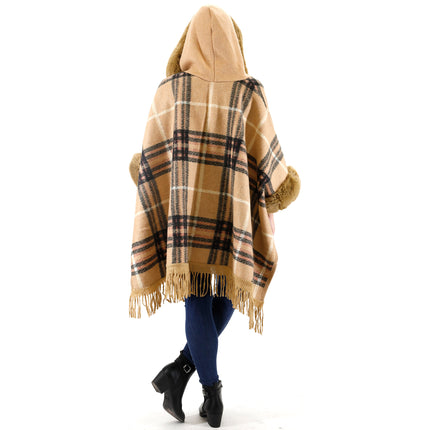 FAUX FUR PLAID PATTERN HOODIE SHAWL P3805(6PC)