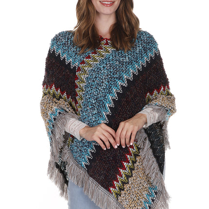 VINTAGE STYLED ZIGZAG PATTERN FRINGED PONCHO PO21040 (6PC)